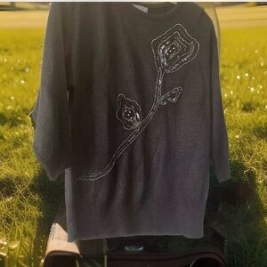 Alison J VTG Pullover Sweater Jet Black Sequins 3/4 Sleeve Shoulder Pads